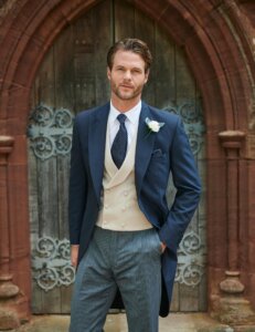 Peter Posh formal morning suit with tail coat and double breasted waistcoat with tie and hankies in a range of colours for grooms for sale or hire at our Huddersfield boutique Yorkshire.