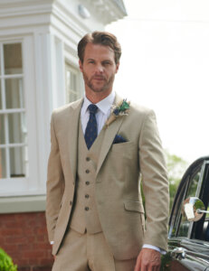 Peter Posh Hopton light beige wedding suit with waistcoat tie and hankies in a range of colours for grooms, men and boys for sale or hire at our Huddersfield boutique Yorkshire.