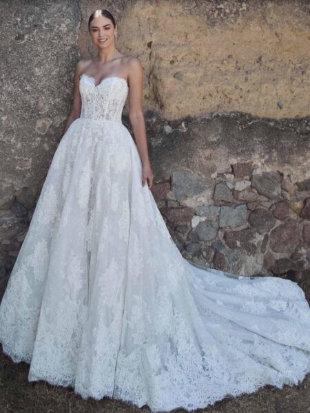 Calla Blanche lace ballgown wedding dress with optional basque corset removed front view.
