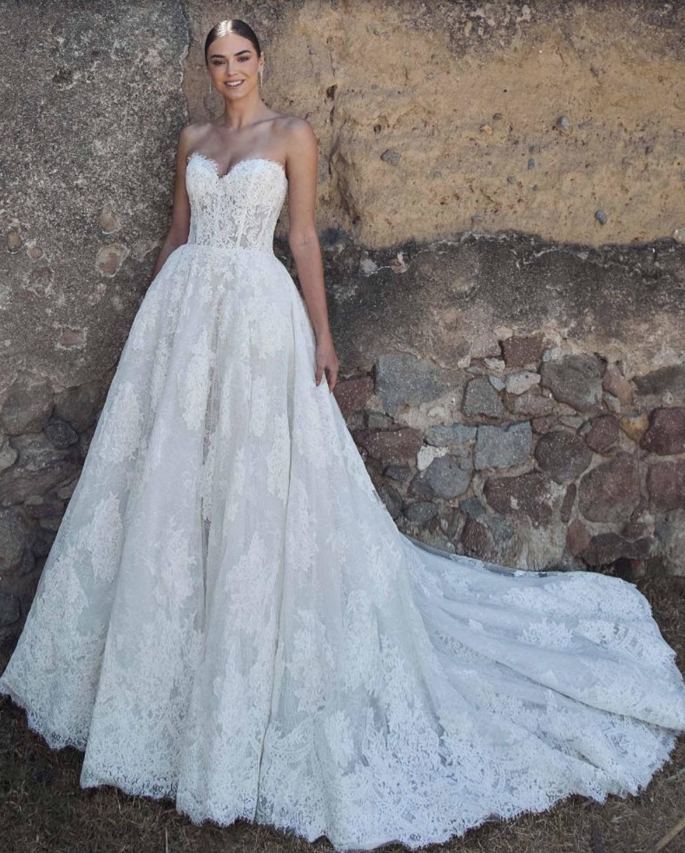 Calla Blanche lace ballgown wedding dress with optional basque corset removed front view.