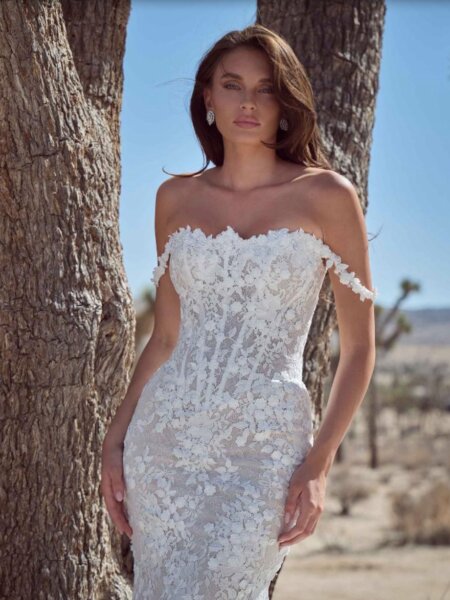 Calla Blanche Orelia 126104 fitted lace wedding dress close up front.