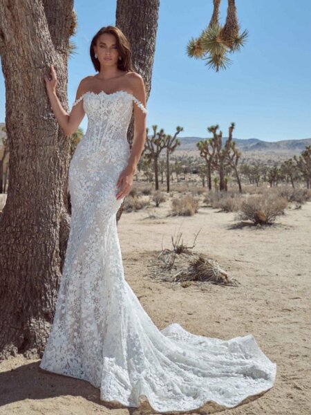 Calla Blanche Orelia 126104 fitted lace wedding dress full length front view.