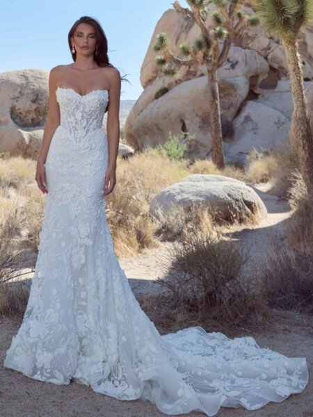 Calla Blanche Queniva fitted wedding dress with 3 dimensional lace.