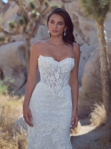 Calla Blanche Queniva fitted wedding dress with 3 dimensional lace close up view Huddersfield boutique Yorkshire.