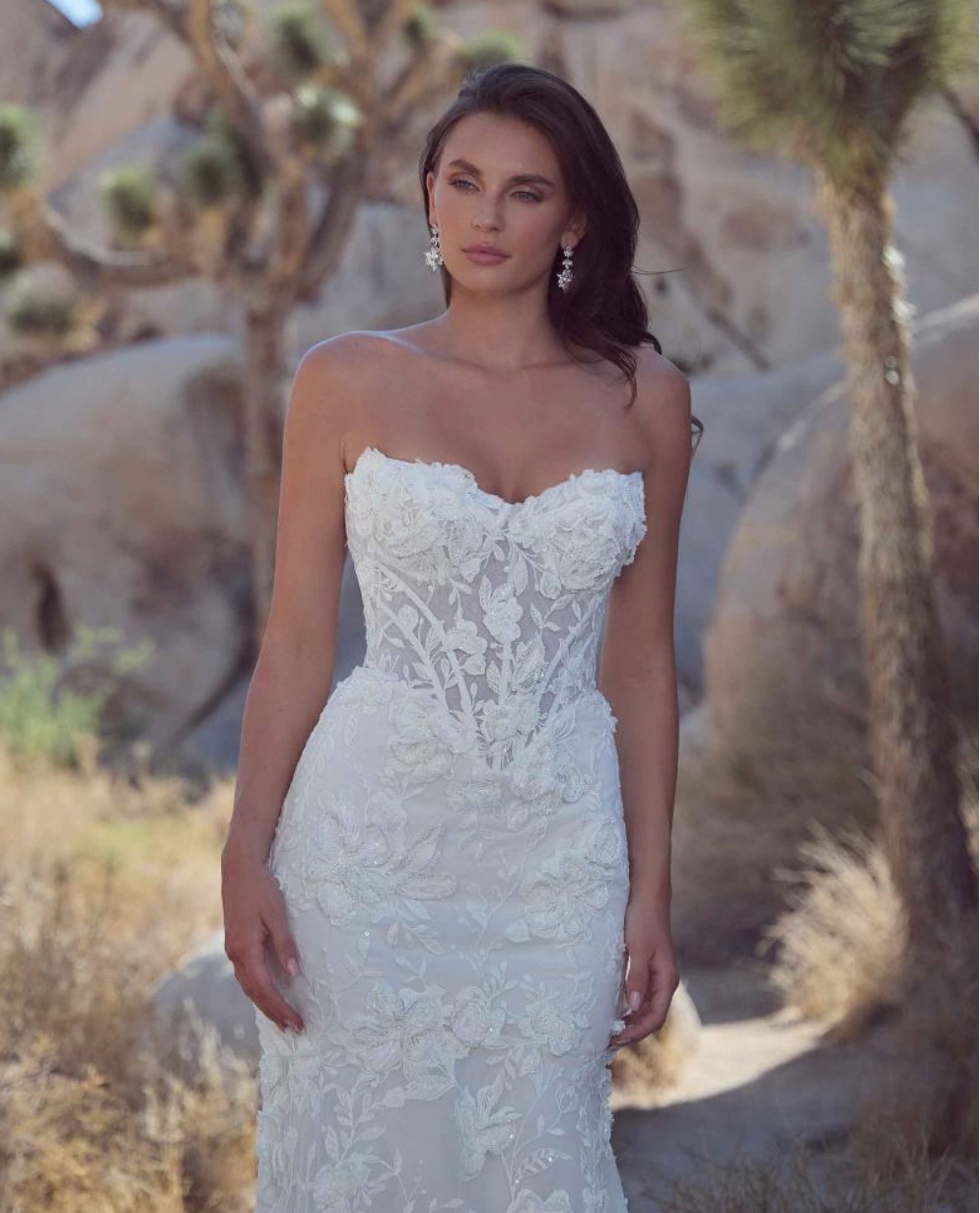 Calla Blanche Queniva fitted wedding dress with 3 dimensional lace close up view Huddersfield boutique Yorkshire.