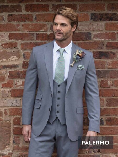 Peter Posh Palermo wedding suit three or two piece in pale grey to hire or buy for men and boys complimentary accessories available.
