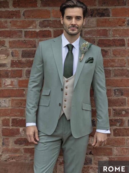 Peter Posh Rome sage green wedding suit to hire or buy for men and boys. Matching, complimenting or contrasting waistcoats available.