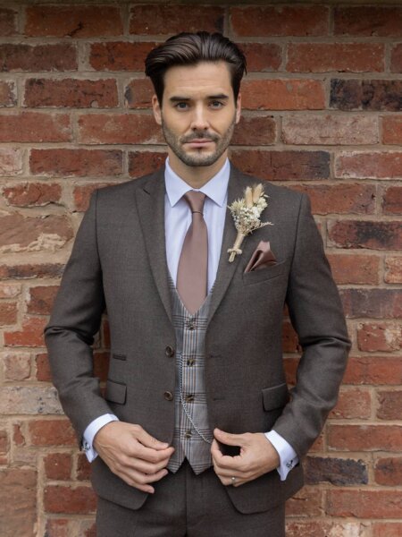 Peter Posh Cheltenham brown 3 piece wedding suit to hire or buy for men and boys.