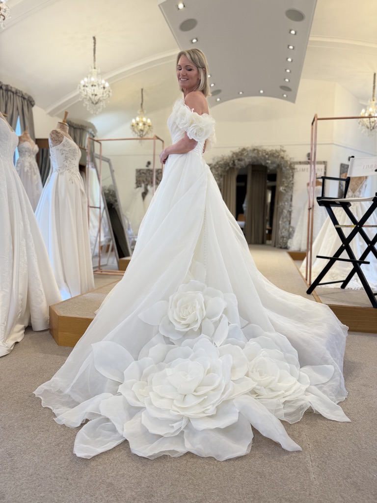 Real-Limelight-bride-in-our-bridal-room Real bride in wedding dress near York.