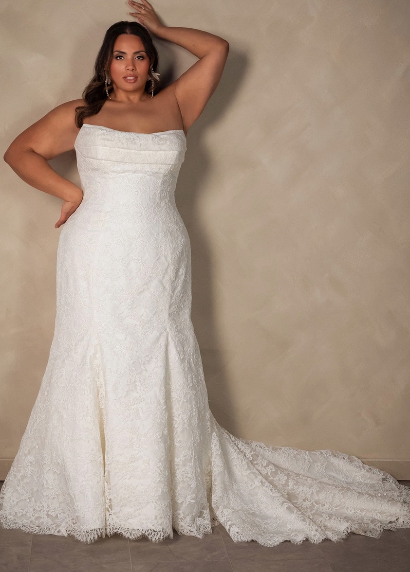 Essense of Australia D4522A simple lace fitted wedding dress front view plus size.