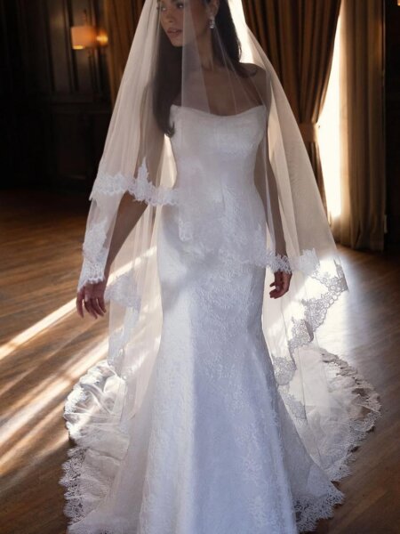 Essense of Australia D4522A simple lace fitted wedding dress with veil.