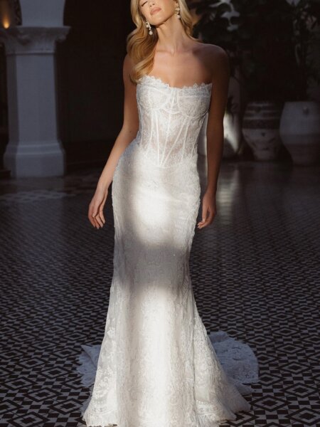 Essense of Australia D4541 fitted lace wedding dress with drop waist and basque bodice front.