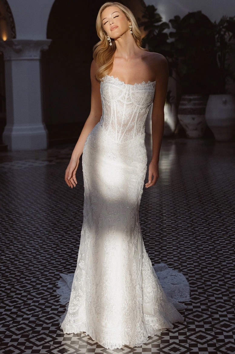 Essense of Australia D4541 fitted lace wedding dress with drop waist and basque bodice front.