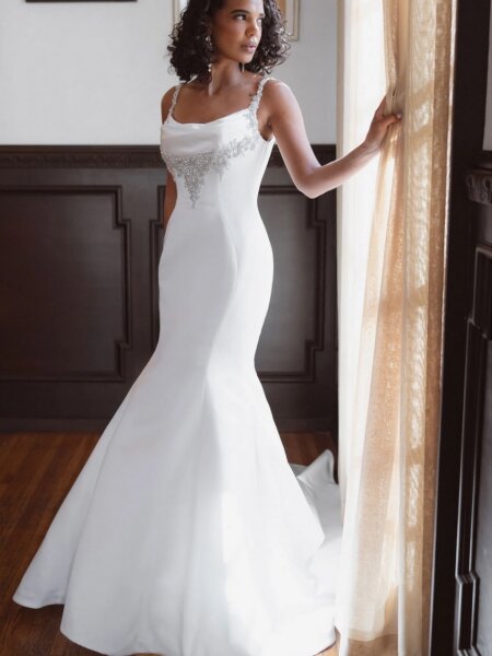 Essense of Australia D4609 fitted plain wedding dress with statement sparkle the perfect bridal gown for a black tie wedding