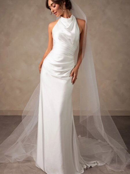 Essense of Australia D4614 plain halter neck wedding dress with draping front view with veil.