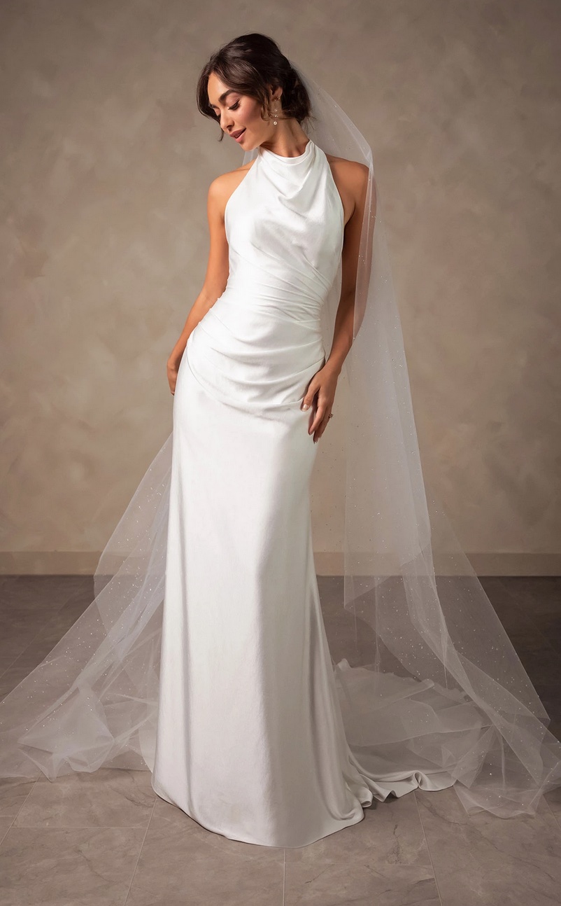 Essense of Australia D4614 plain halter neck wedding dress with draping front view with veil.