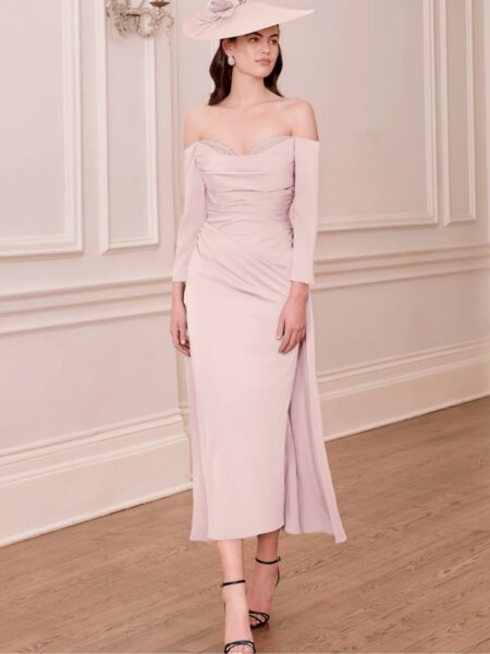 John Charles Mother of the bride and groom pink fitted dress off the shoulder with beaded detail pretty occasion wear for weddings races and cruises.