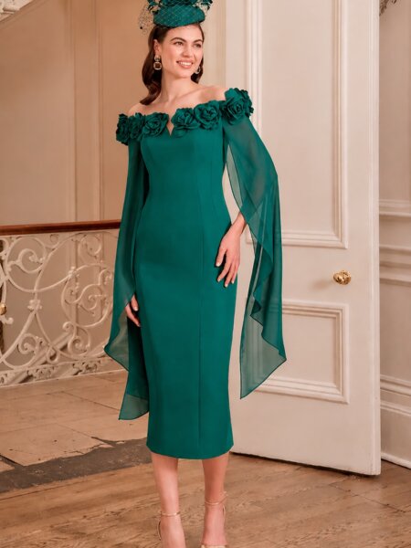 John Charles 29395 green mother of the bride fitted dress with off the shoulder detail and floaty sleeves.