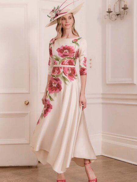 John Charles 66798 A line mother of the bride floral midi dress in deep peony pink and ecru with high neckline and three quarter sleeves perfect occasion wear for weddings cruises and the races with video.