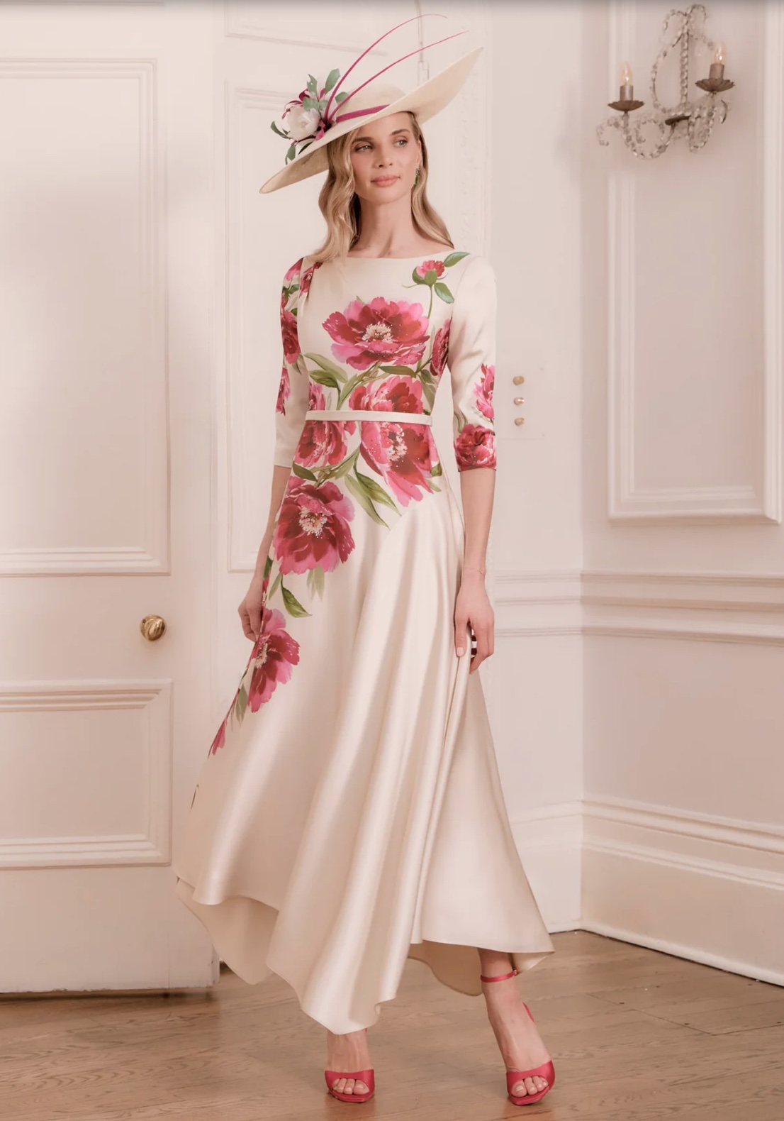 John Charles 66798 A line mother of the bride floral midi dress in deep peony pink and ecru with high neckline and three quarter sleeves perfect occasion wear for weddings cruises and the races with video.