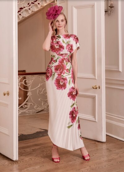 John-Charles-66809B-mother-of-the-bride-dress-deep-pink-floral-and-ecru John Charles 66809B ecru midi dress with deep pink floral print and matching fascinator.