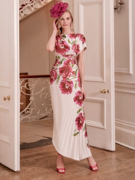 John Charles 66809B mother of the bride and groom midi dress in deep pink floral with ecru occasion wear for weddings races and cruises.