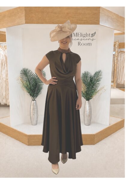 Maisonel ME3169A modern mother of the bride dress with cowel neckline in sumptuous autumn brown with terracotta beaded collar with video.
