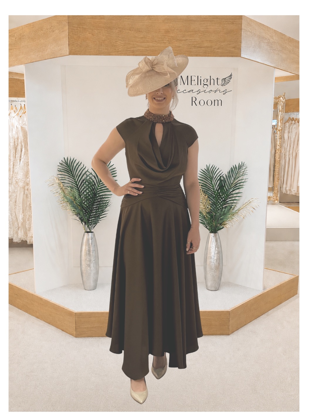 Maisonel ME3169A modern mother of the bride dress with cowel neckline in sumptuous autumn brown with terracotta beaded collar with video.