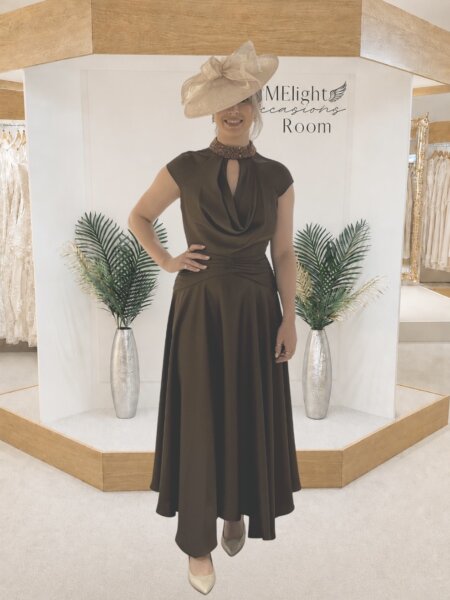 Maisonel ME3169A modern mother of the bride dress with cowel neckline in sumptuous autumn brown with terracotta beaded collar.