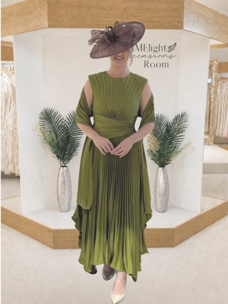 Maisonel ME3126A Mother of the Bride dress in meadow green with pleated A line skirt round neckline and matching wrap with video.