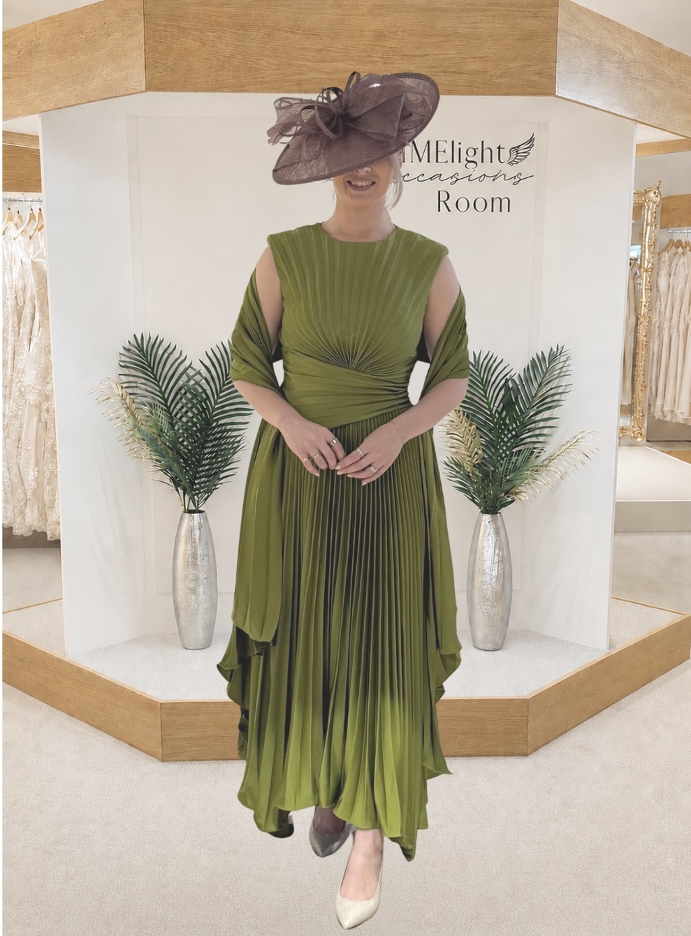 Maisonel ME3126A Mother of the Bride dress in meadow green with pleated A line skirt round neckline and matching wrap with video.
