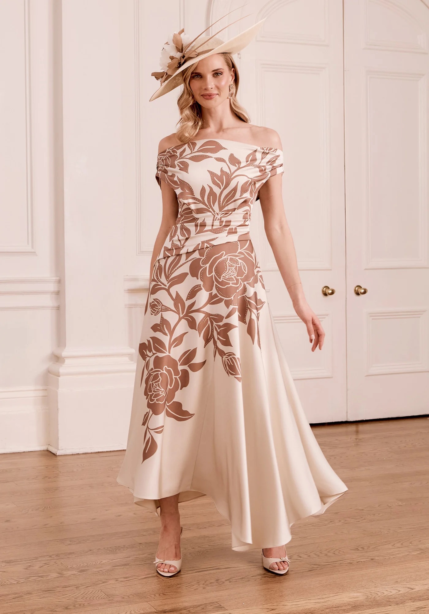 John charles 66780A A-line mother of the bride dress with off the shoulder neckline in much and ecru with video.