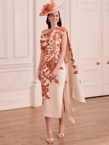 John Charles 66795B mother of the bride dress with fitted silhouette in navy and ecru floral with back shoulder drape with video.