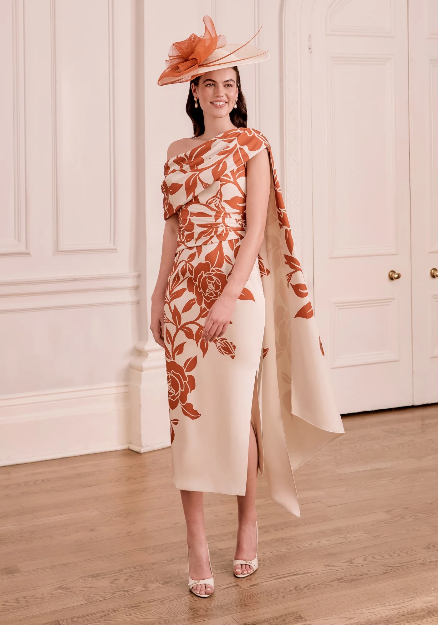 John Charles 66795B mother of the bride dress with fitted silhouette in navy and ecru floral with back shoulder drape with video.