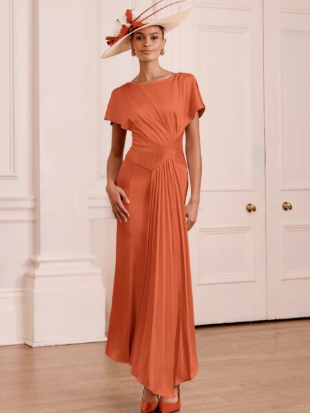 John Charles 66783 A line Mother of the Bride dress in terracotta pleated crepe with video.
