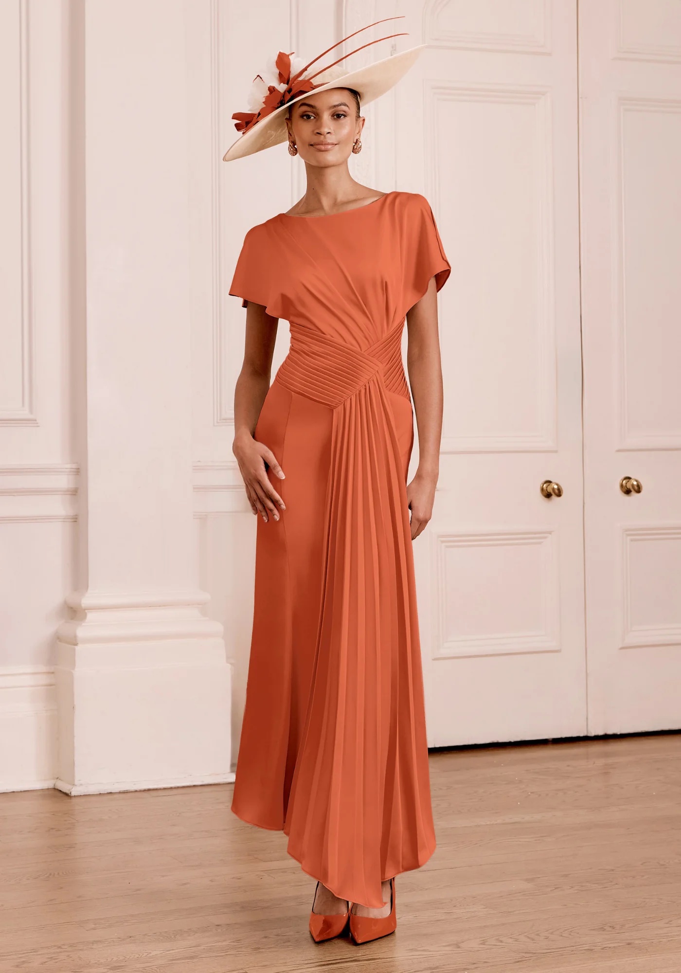 John Charles 66783 A line Mother of the Bride dress in terracotta pleated crepe with video.