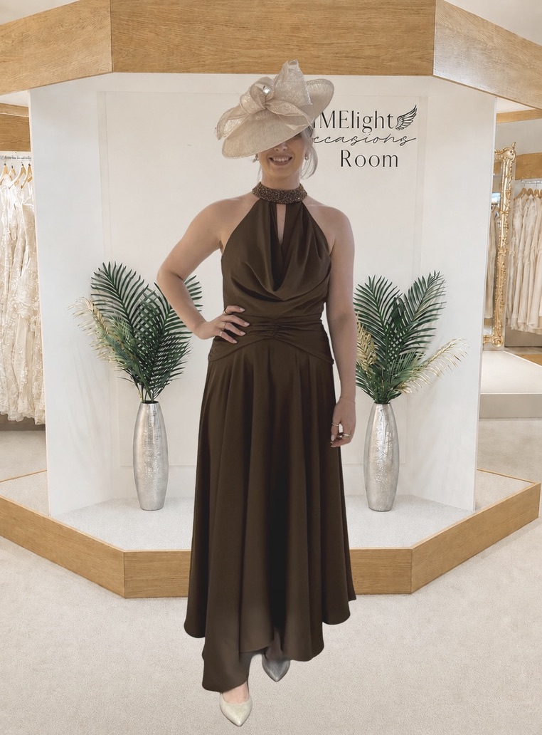Maisonel ME3169A Modern Mother of the Bride Aline dress with beaded halter neck with video.
