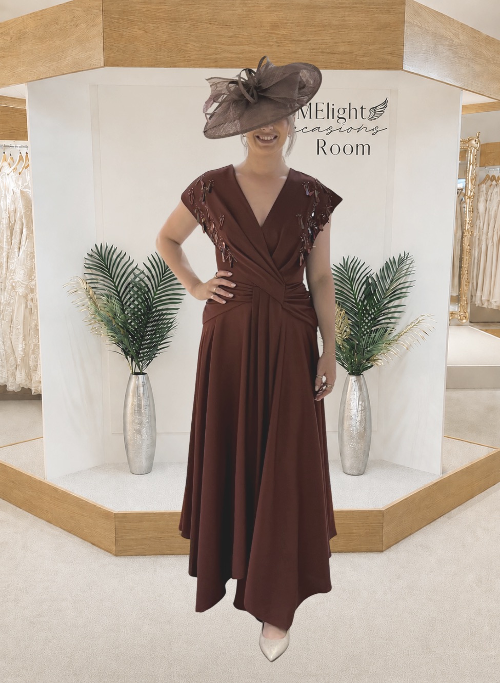Maisonel ME3177A modern Asymmetric A line mother of the bride dress with draped beaded bodice and V neckline with video.