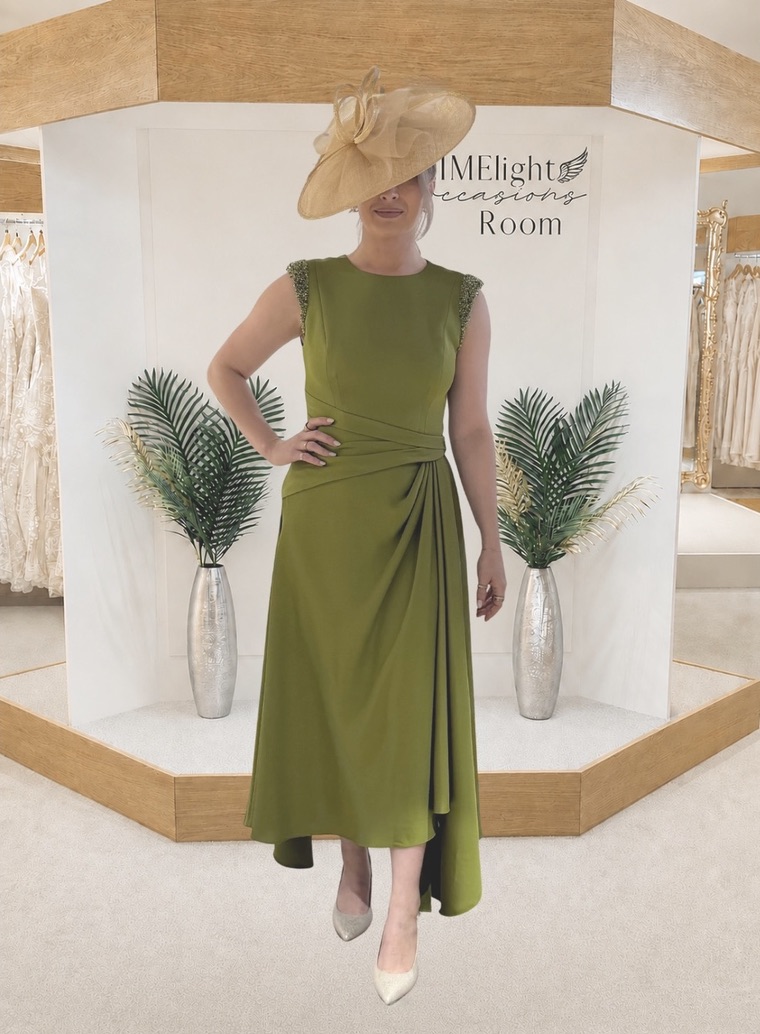 Maisonel ME3189 modern mother of the bride A line dress in meadow green with video.