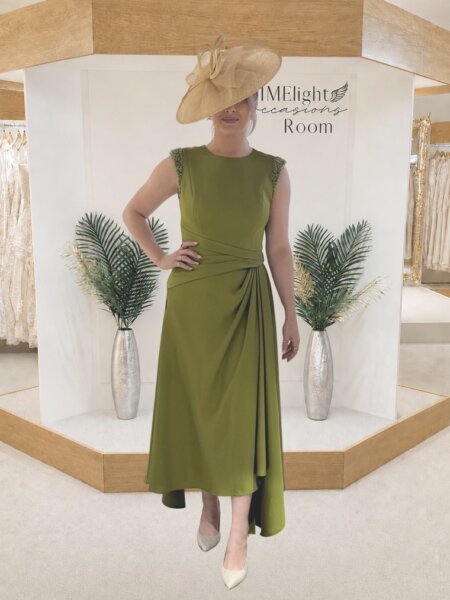 Maisonel ME3189 modern mother of the bride A line dress in meadow green.
