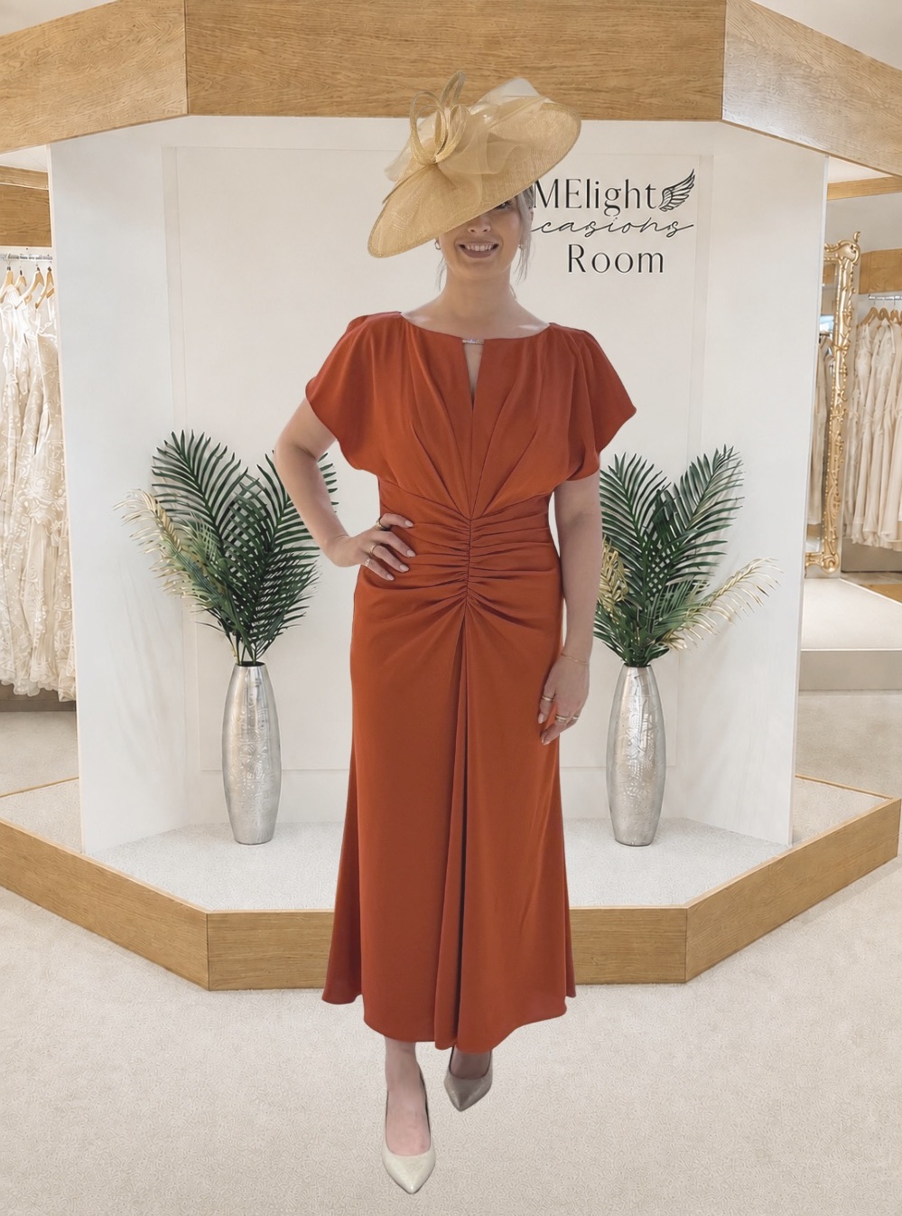 Maisonel Me3188 modern mother of the bride dress fitted midi with flutter sleeves with video.