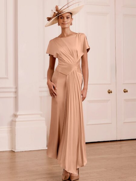 John Charles 66783 Mother of the Bride dress A line with pleated detail in Mocha with video.