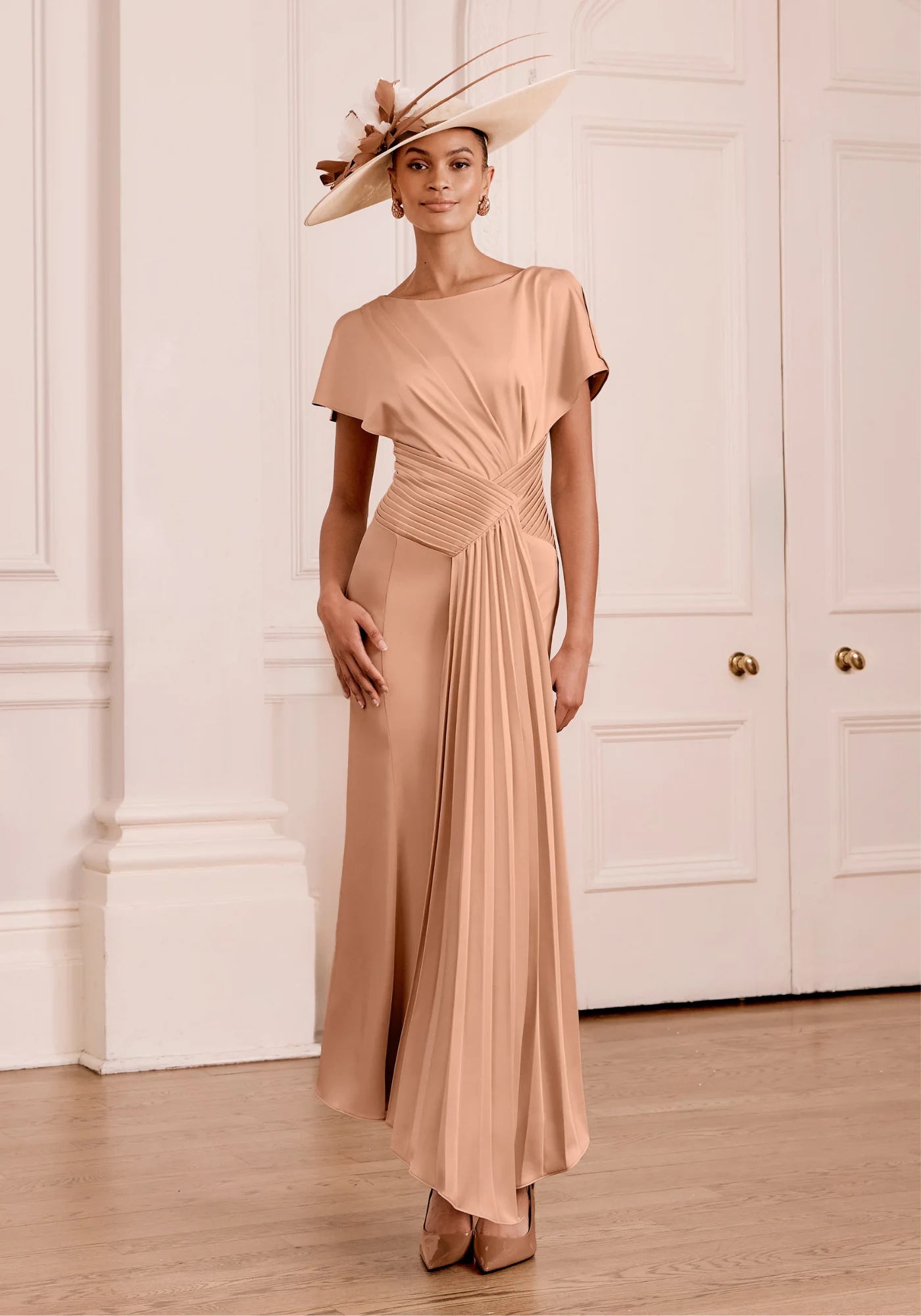 John Charles 66783 Mother of the Bride dress A line with pleated detail in Mocha with video.