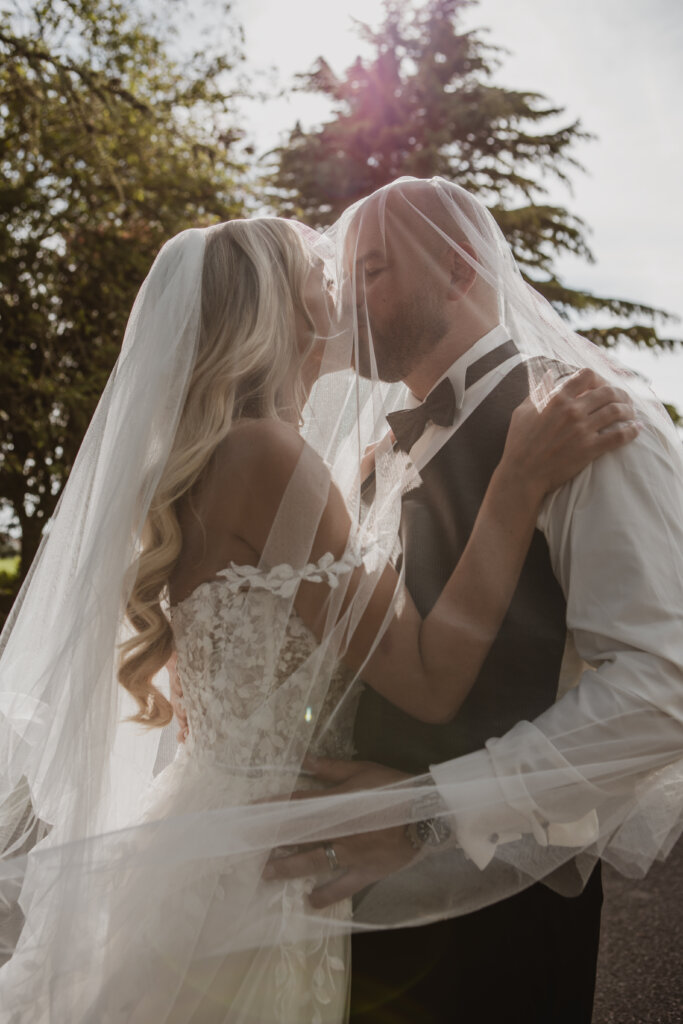 Real bride wearing a designer wedding dress near Halifax