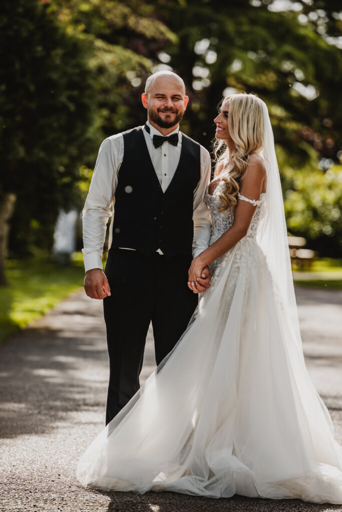 Real bride wearing a designer wedding dress near Doncaster