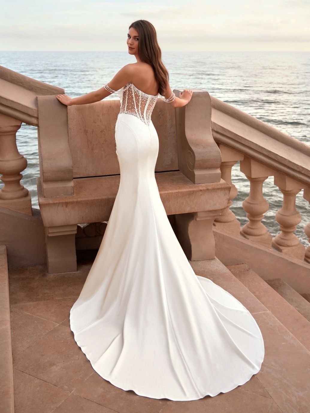 Enzoani love Fosetta wedding dress with plain rouched bodice and stunning beaded illusion back view.