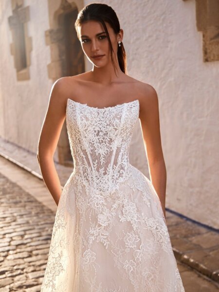 Enzoani Love Fravelle wedding dress gorgeous lace A line gown close up front view..