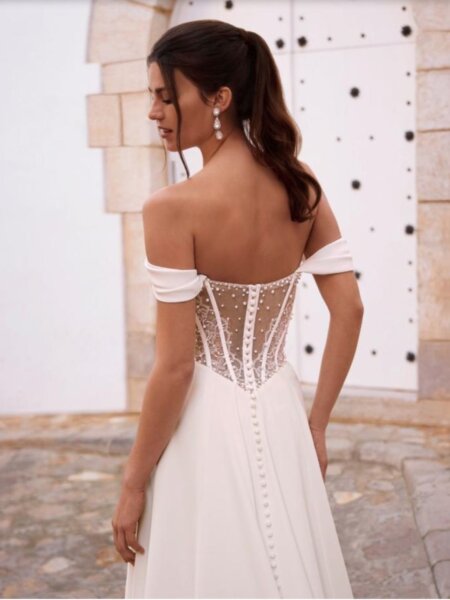 Enzoani Love Fiona plain rouched Aline dress with statement beaded illusion back front view.