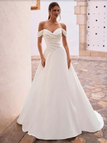 Enzoani Love Fiona plain rouched Aline dress with statement beaded illusion back front view.