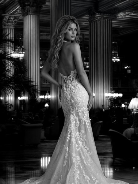 Randy Fenoli Kristen wedding dress glamorous fitted fitted lace halterneck with low back full length back view.